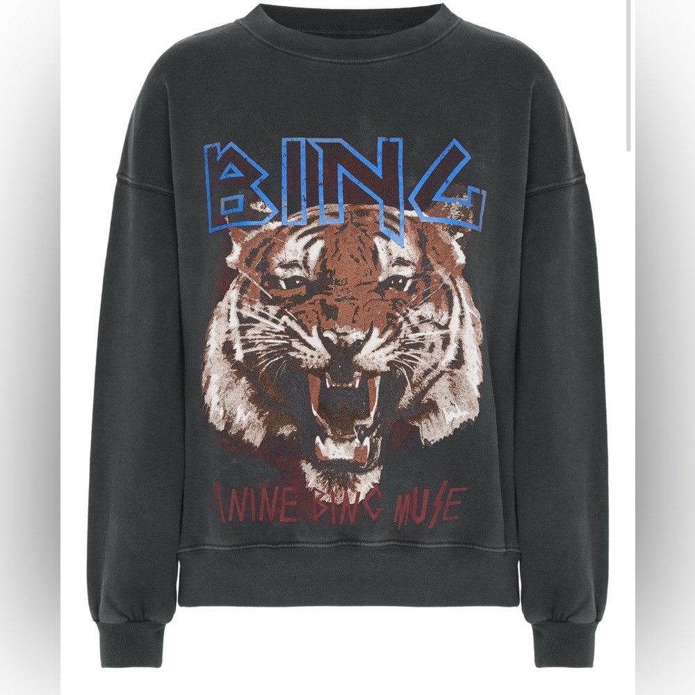 Anime Bing Washed Black Tiger Crewneck Sweatshirt